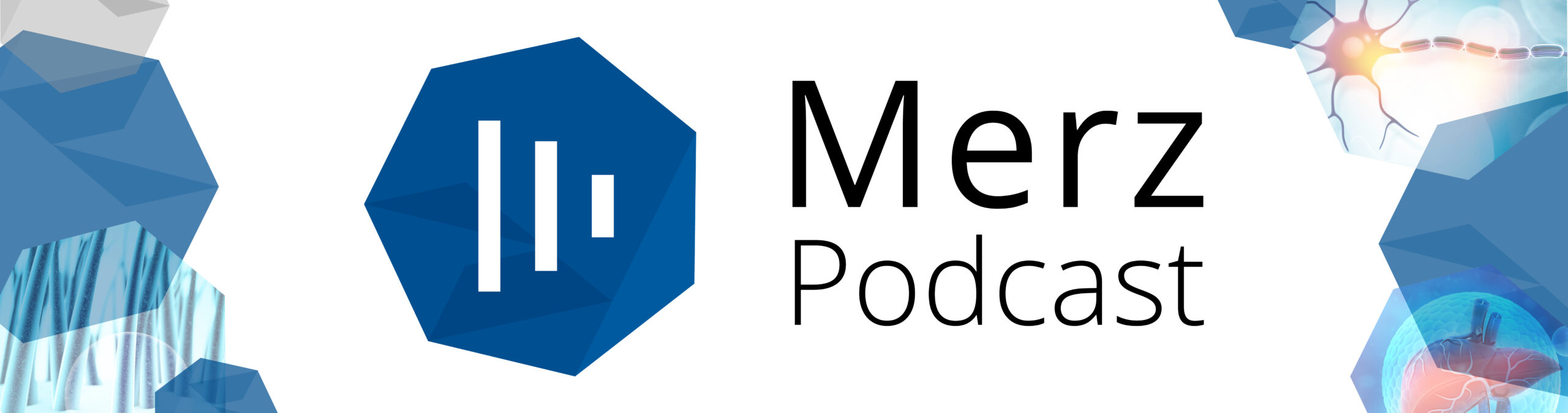 Headerbild Merz Podcast mit Heptagons. In einigen Heptagons sind eine Leber, eine Nervenzelle und Haare abgebildet.